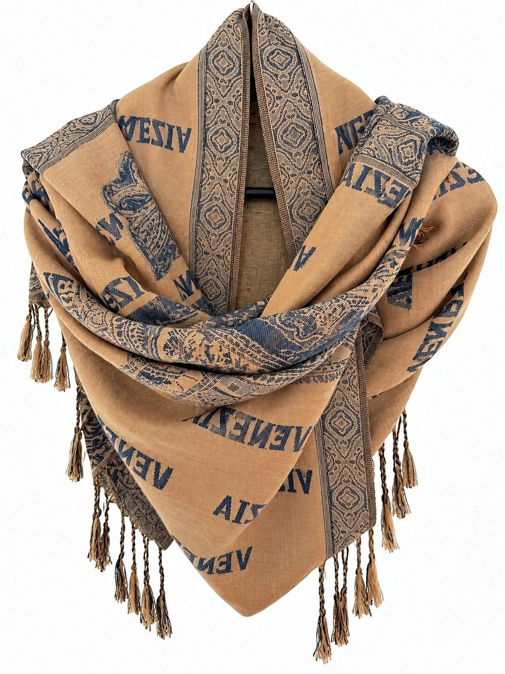 Venezia Venice Italy Scenic Scarf Wrap Cotton Viscose Blue Tan Fringe